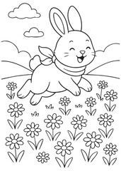 Coloring book bunny running joyfully through a flower field.