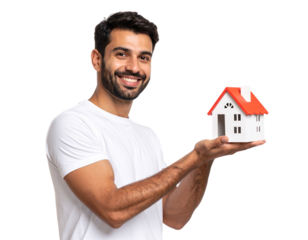 Bearded Man Smiling While Presenting a Tiny Home in Hand, Side Profile PNG”