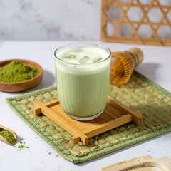 Iced Matcha Latte on Bamboo Coaster