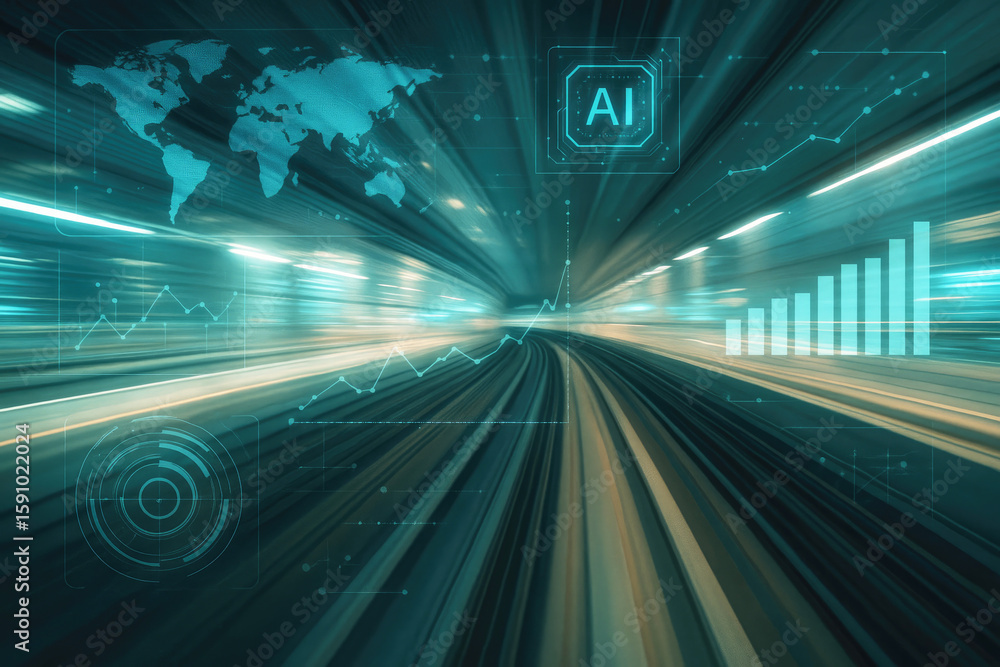 Poster futuristic digital world map with artificial intelligence and financial charts image