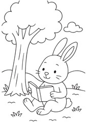 Coloring book bunny reading a book under a tree