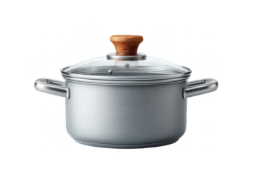 A silver cooking pot with a clear glass lid and wooden knob, featuring two handles on the sides and steam escaping from under the lid.