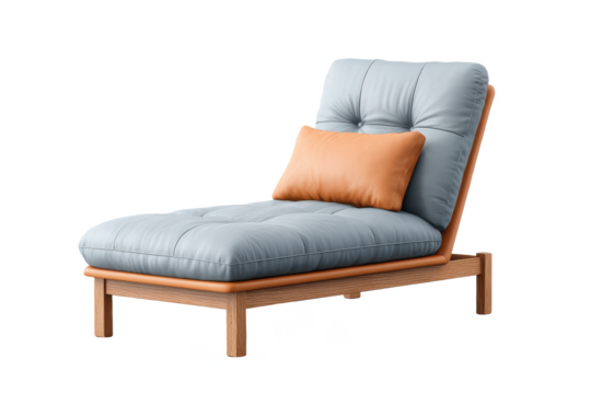 A modern lounge chair with a wooden frame, featuring a thick, tufted blue cushion and an elongated shape, accompanied by a contrasting orange lumbar pillow.