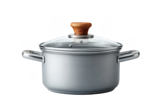 A silver cooking pot with a clear glass lid and wooden knob, featuring two handles on the sides and steam escaping from under the lid.