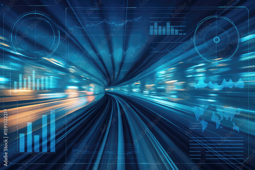 Poster futuristic tunnel with glowing lights and data visualizations speed motion blur