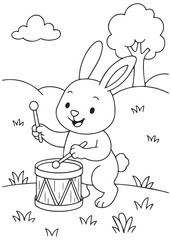 Coloring book bunny playing a drum in the field