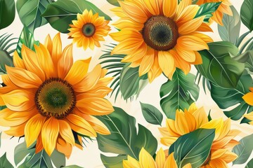 Vibrant sunflowers pattern illuminates summer with cheerful yellow blooms and lush green leaves for botanical inspired designs and natural backgrounds