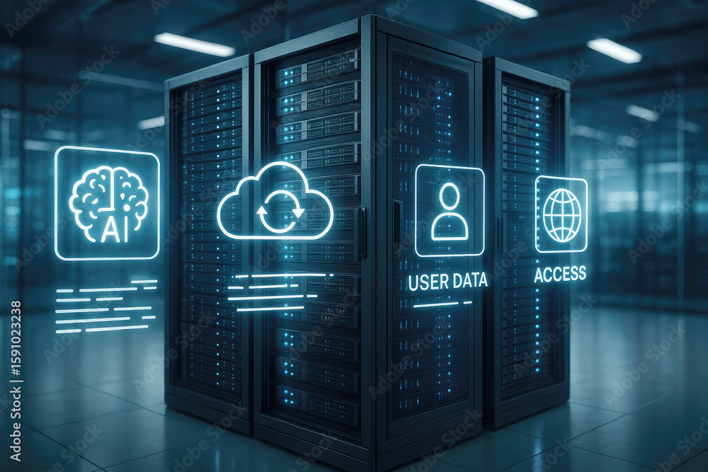 Poster glowing ai cloud user data access icons above server racks data center technology