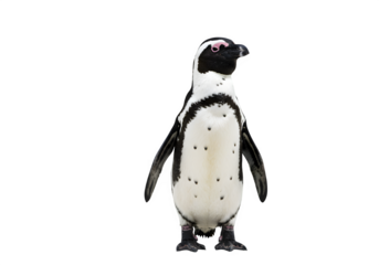African penguin standing upright with black and white plumage and distinctive facial markings, isolated on white or transparent background. PNG