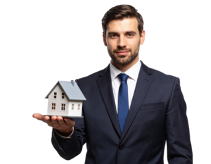 Businessman in Suit Holding Small House Model on Palm, Front Portrait, Isolated”