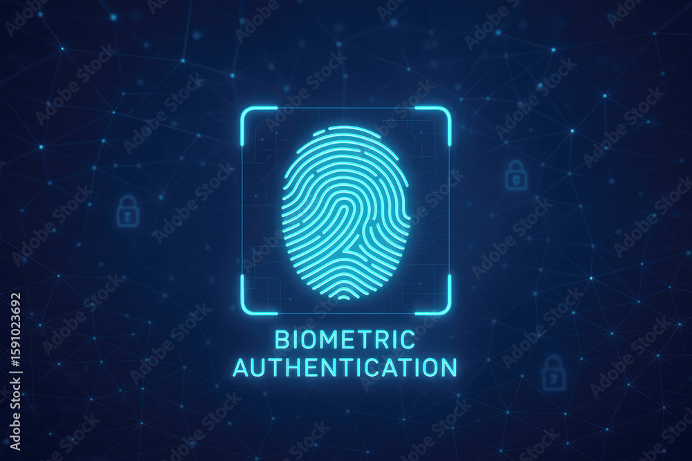 Poster glowing cyan fingerprint scan with digital network and lock icons biometric authentication