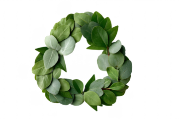 A circular wreath made of various green leaves with different shades and textures arranged symmetrically.