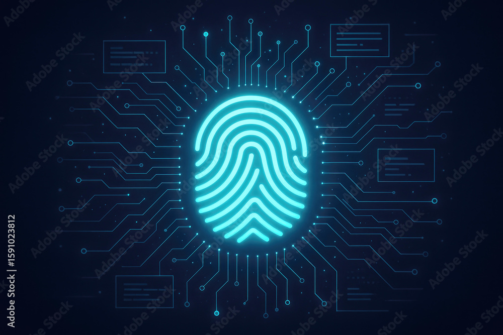 Poster glowing cyan fingerprint surrounded by digital circuit lines and data blocks on dark blue background