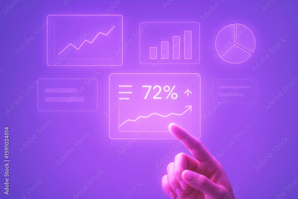 Poster glowing digital analytics interface with finger interaction dashboard technology