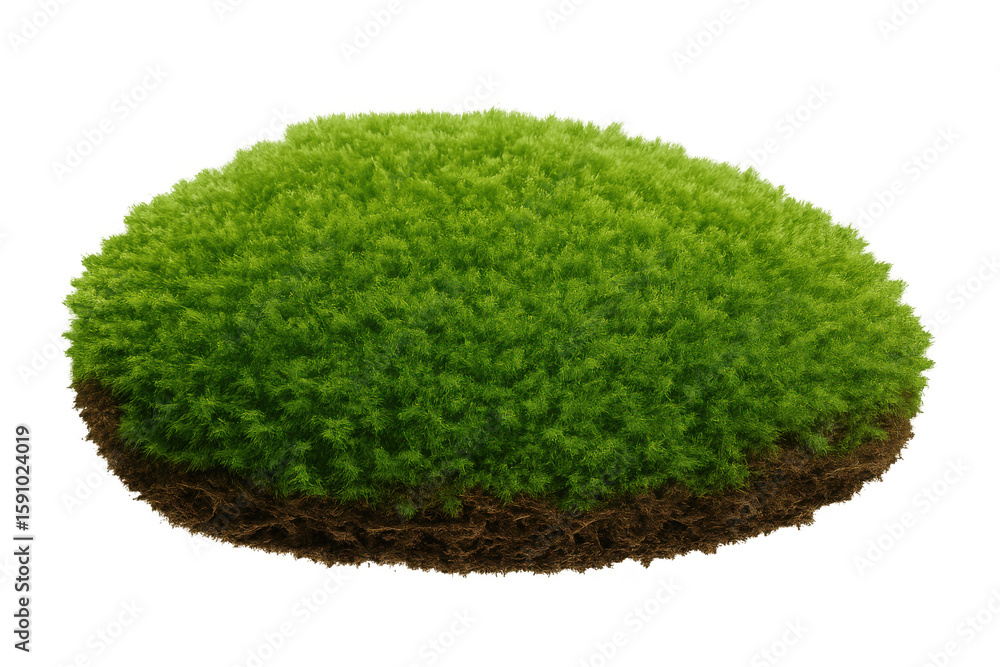 Poster lush green grass growing on a patch of soil, creating a floating island against a transparent backgr
