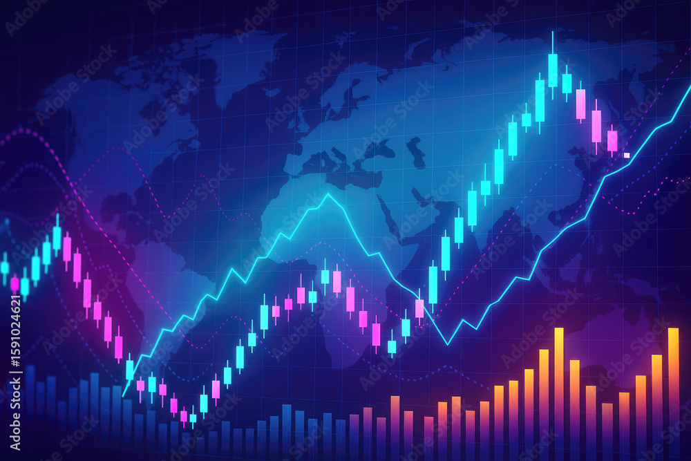 Poster glowing financial data chart with world map background graph stock market