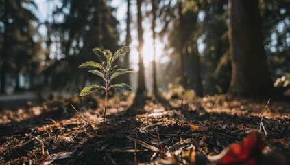 Obraz premium Young sprout in forest floor sunlight (1)