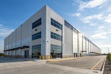 Obraz premium Modern industrial warehouse exterior with blue sky, clean design, reflective windows, and loading dock. Ideal facility for logistics, shipping, storage, manufacturing, and commercial development.