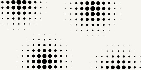 Set of halftone dots gradient pattern texture isolated on white background. Straight dotted spots using halftone circle dot raster texture. Vector blot half tone collection.