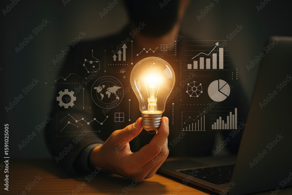 Aufkleber glowing lightbulb held by hand with digital data visualization innovation technology