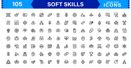 Soft Skills Icon Set Featuring Communication, Teamwork, Leadership, and Emotional Intelligence in Clean Vector Style
