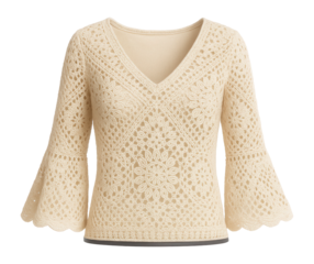 Bohemian crochet top with bell sleeves and scalloped hem in cream
