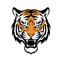 Fototapeta premium A fierce tiger head illustration with orange and black stripes, roaring aggressively, isolated on a white background