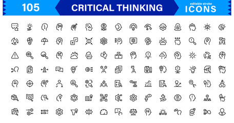 Critical Thinking Mastery For Modern Creatives line icon set – modern minimal outline symbols for analysis, reasoning, innovation, decision making, strategy