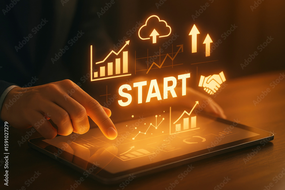 Aufkleber glowing orange startup interface with graphs and handshake technology digital