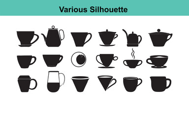 Black and White Vector Silhouette Collection of Various Teacups, Coffee Cups, and Teapots for Graphic Design and Culinary Illustrations