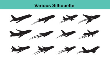 Airplane Silhouette Vector Set: Jet Plane, Commercial Aircraft, Aviation Design Elements, Transportation Graphics, Black & White Clip Art Collection