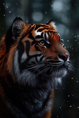 Fototapeta premium A majestic tiger in profile, with rich orange and black stripes, piercing amber eyes, and delicate falling snow, against a dark, blurred background.
