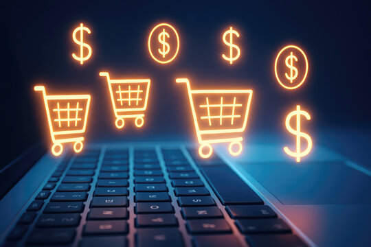 Glowing shopping carts and dollar signs hover above a laptop keyboard money online shopping