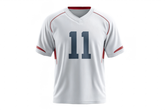 White sports jersey with the number 11 printed on the front, featuring short sleeves, red accents, and a v-neck collar.