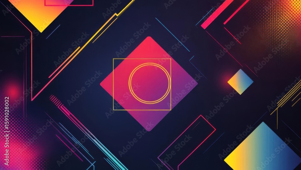 Poster geometric figures and colorful design elements create a modern abstract theme.