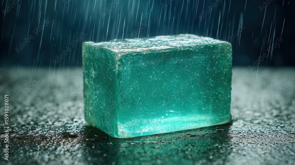 Aufkleber teal cube-shaped object on a wet surface under a downpour.
