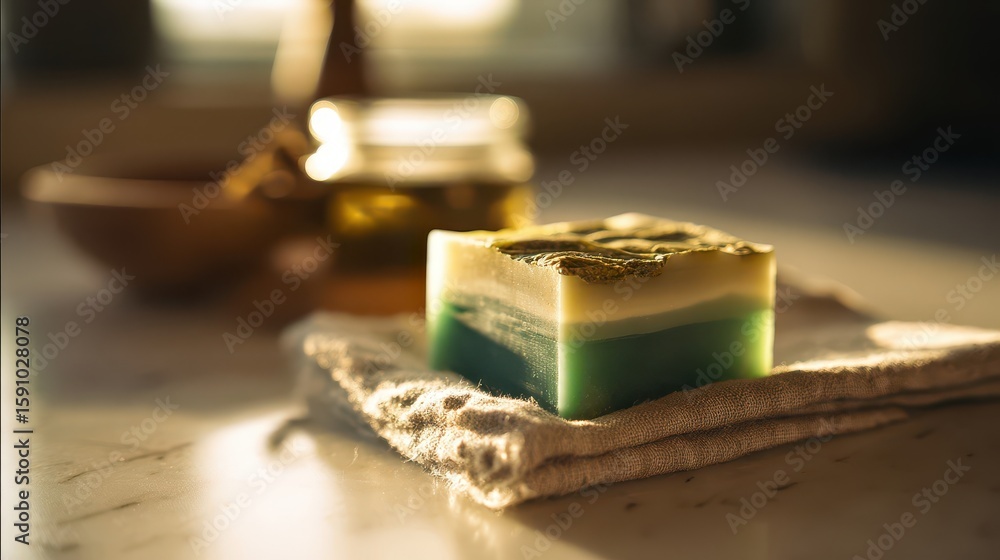 Poster multi-layered soap bar resting on a linen cloth.