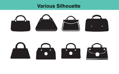 Various Silhouette Handbags: Black and White Vector Graphics of Stylish Women's Purses, Fashionable Tote Bags, and Elegant Clutch Designs