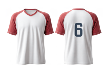 A white and red sports jersey with a v-neck design and the number 6 printed on the back.