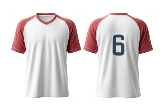 A white and red sports jersey with a v-neck design and the number 6 printed on the back.