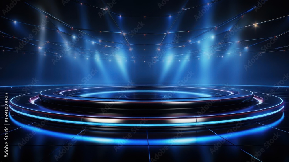 Poster create a stage with modern design and futuristic light theme for presentation