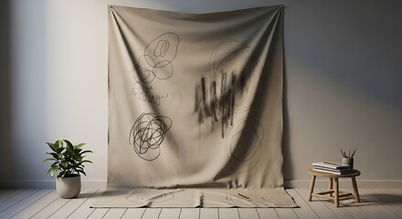 Beige draped fabric with pottery and greenery in a soft-lit studio.