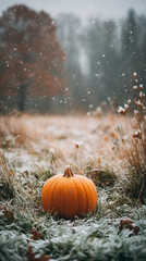 Halloween pumpkin nestled in a snowy field, with distant frosty trees and soft falling snowflakes 