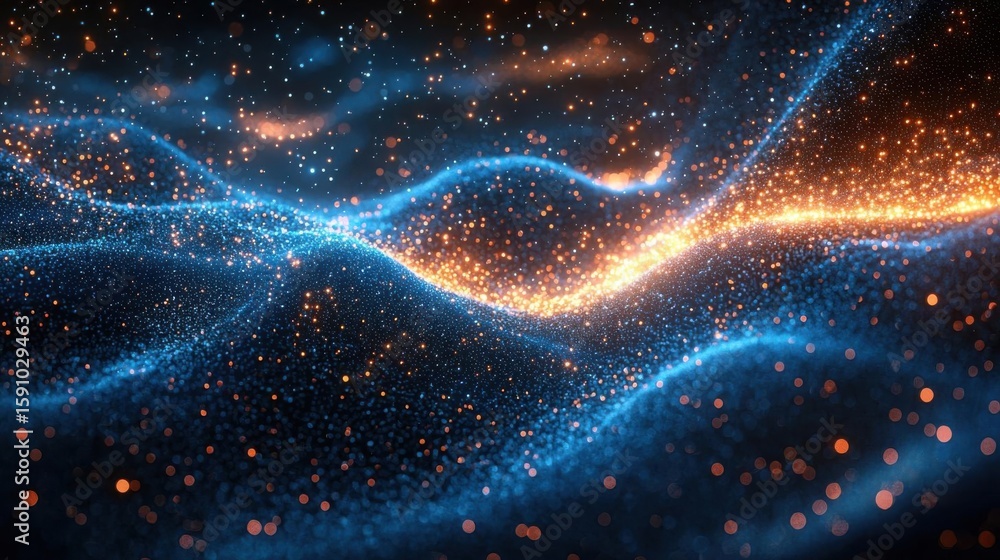 Poster visualize flowing data with digital particles and futuristic backdrop