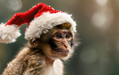 Adorable monkey wearing a festive red and white Santa hat, showcasing a playful expression, surrounded by a soft bokeh background, capturing the holiday spirit and joy