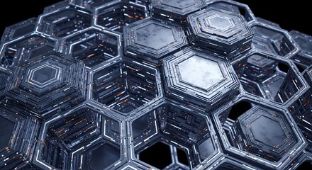 Close-up of stacked metallic hexagons with glowing lines creating a futuristic structure, concept for network architecture, advanced materials research and digital security solutions
