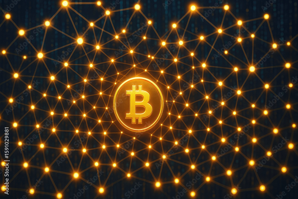 Aufkleber golden bitcoin symbol within a luminous interconnected network against a digital background