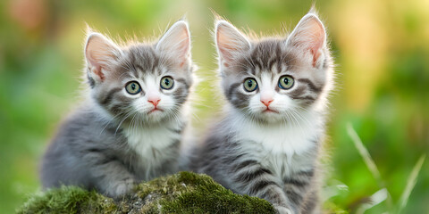 Two adorable gray kittens with striking green eyes sit on a mossy rock, surrounded by lush greenery, capturing a moment of playful curiosity in a serene outdoor setting