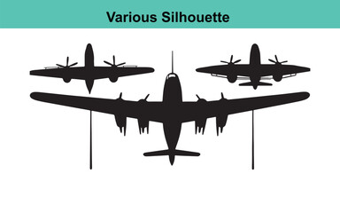 Silhouette of Vintage Propeller Airplanes: WWII Era Aircraft Illustration, Aviation History, Black and White Graphic Design, Vector Art