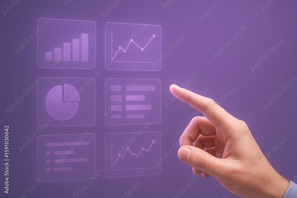 Poster hand interacting with digital analytics graphs and charts finger touching